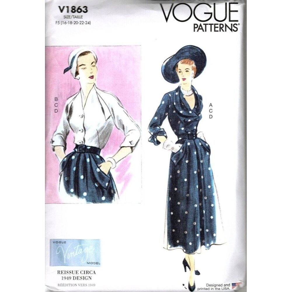 Vogue V1863 Misses 16 to 24 Circa 1949 Blouse Top and Skirt UNCUT Sewing Pattern